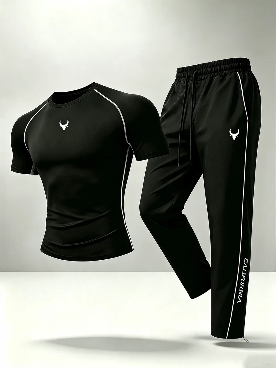 Gym Rark Men's Bull Head Print Colorblock Short Sleeve Top And Drawstring Waist Long Pants Casual Daily Sports Set - Black - View 1