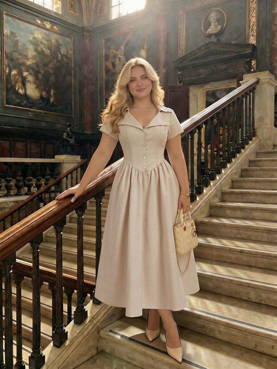 SHEIN MOD Damen Große Größen Einfarbiges Knopf Figurbetontes Elegantes Midi-Kleid, Vintage Hofstil, Old Money Vibe, Geeignet für Arbeit, Schule, Date, Picknick, Party, Festival und Geburtstag, Elegante Kleider, Hochzeitsgast Kleider, Französischer Stil Kleid, Cottagecore Kleid, Französischer Stil Kleid, Frühlings-/Sommerkleid