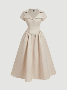 SHEIN MOD Damen Große Größen Einfarbiges Knopf Figurbetontes Elegantes Midi-Kleid, Vintage Hofstil, Old Money Vibe, Geeignet für Arbeit, Schule, Date, Picknick, Party, Festival und Geburtstag, Elegante Kleider, Hochzeitsgast Kleider, Französischer Stil Kleid, Cottagecore Kleid, Französischer Stil Kleid, Frühlings-/Sommerkleid - Khaki - Übersicht 3