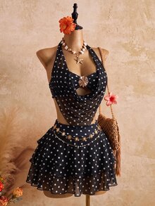Bellisia 女款波點印花金屬扣掛脖綁帶背心、三角比基尼泳褲與荷葉邊下襬迷你裙 3 件式泳裝套裝 - 黑色 - 查看 5