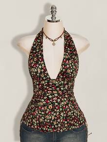 SHEIN ICON 夏季女款波西米亞度假風碎花深V領性感掛脖上衣 - 彩色 - 查看 7