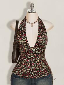 SHEIN ICON 夏季女款波西米亞度假風碎花深V領性感掛脖上衣 - 彩色 - 查看 1