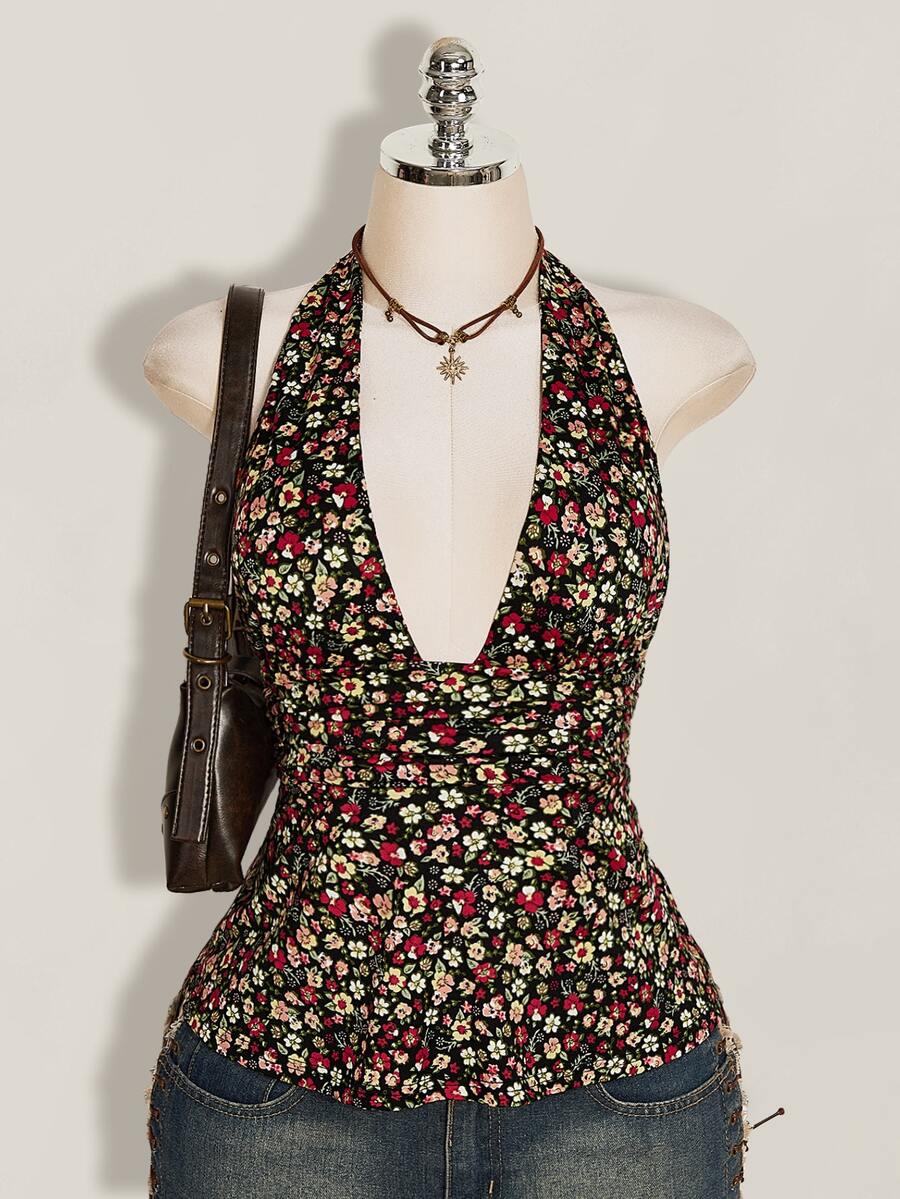SHEIN ICON 夏季女款波西米亞度假風碎花深V領性感掛脖上衣 - 彩色 - 查看 1