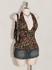 SHEIN ICON 夏季女款波西米亞度假風碎花深V領性感掛脖上衣 - 彩色 - 查看 8