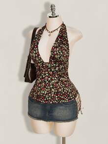 SHEIN ICON 夏季女款波西米亞度假風碎花深V領性感掛脖上衣 - 彩色 - 查看 5