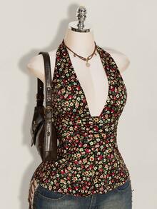 SHEIN ICON 夏季女款波西米亞度假風碎花深V領性感掛脖上衣 - 彩色 - 查看 3