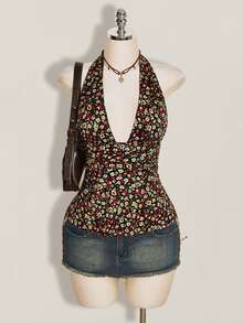 SHEIN ICON 夏季女款波西米亞度假風碎花深V領性感掛脖上衣 - 彩色 - 查看 4