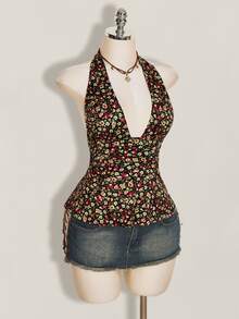 SHEIN ICON 夏季女款波西米亞度假風碎花深V領性感掛脖上衣 - 彩色 - 查看 9