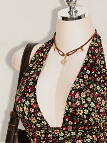 SHEIN ICON 夏季女款波西米亞度假風碎花深V領性感掛脖上衣 - 彩色 - 查看 6