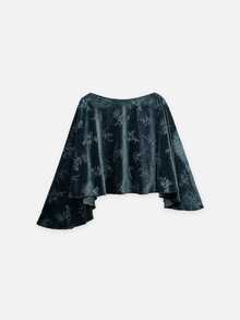 Nöista Green Floral Velvet Cape Top With Boat Neck & Asymmetric Hem.Wedding Guest,Special Occasion Looks.Elegant. Fall, Autumn Winter Women's Formal Wear. - Blue - View 8
