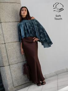 Nöista Green Floral Velvet Cape Top With Boat Neck & Asymmetric Hem.Wedding Guest,Special Occasion Looks.Elegant. Fall, Autumn Winter Women's Formal Wear. - Blue - View 1