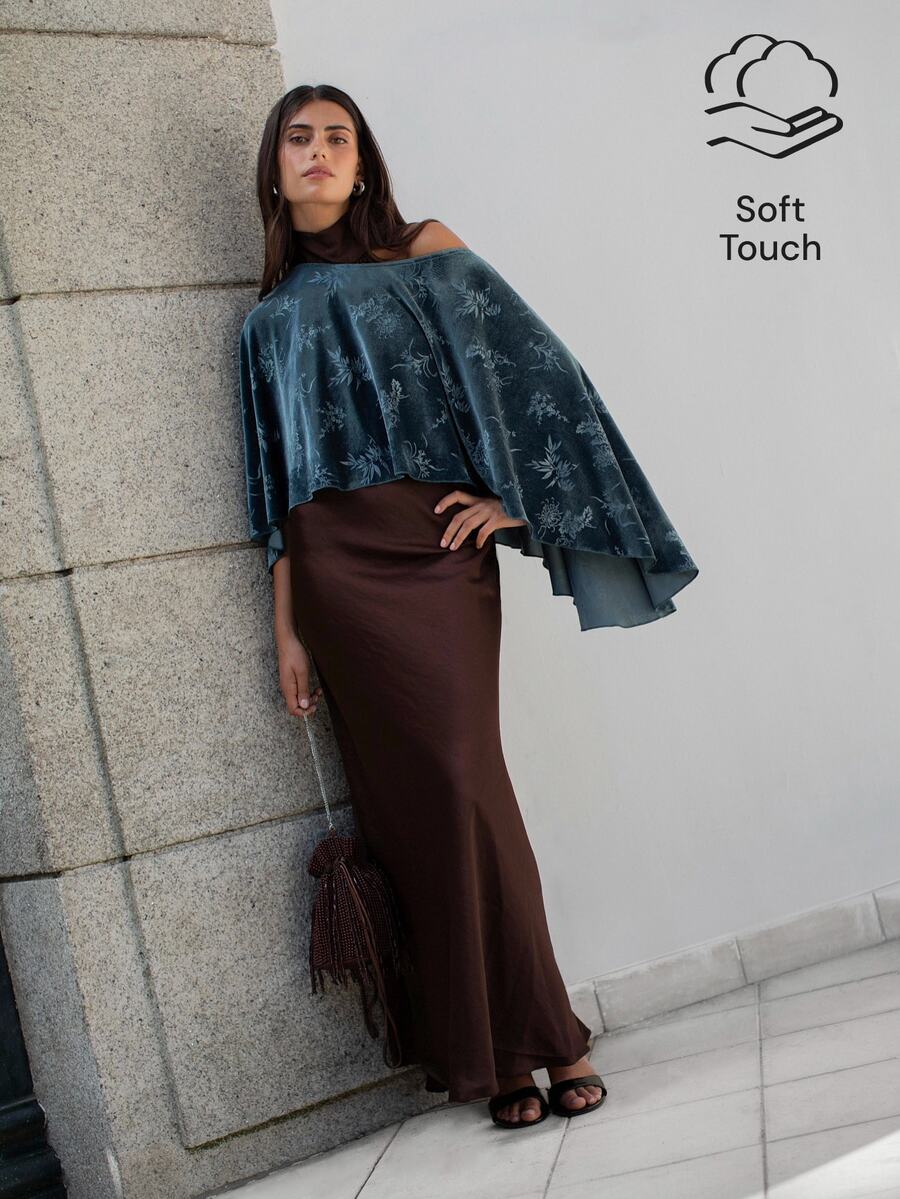 Nöista Green Floral Velvet Cape Top With Boat Neck & Asymmetric Hem.Wedding Guest,Special Occasion Looks.Elegant. Fall, Autumn Winter Women's Formal Wear. - Blue - View 1