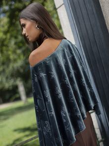 Nöista Green Floral Velvet Cape Top With Boat Neck & Asymmetric Hem.Wedding Guest,Special Occasion Looks.Elegant. Fall, Autumn Winter Women's Formal Wear. - Blue - View 5