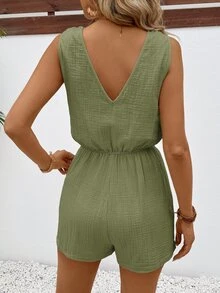 SHEIN Frenchy Women Texture Button Decor Elastic Waistband Summer Simple Casual Romper Rompers Linen Comfy Green Christmas - Army Green - View 6