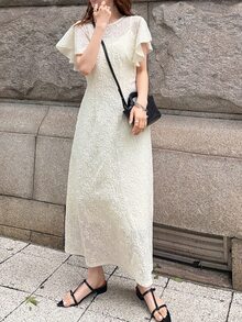 FRIFUL 女款初夏/初秋新款韓式純色荷葉袖收腰顯瘦長洋裝，適合婚禮、早午餐、茶會，奶油色浪漫優雅風 - 杏色 - 查看 4