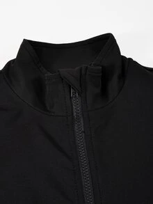 SHEIN 女童休閒運動簡約風黑色修身拉鍊夾克與寬鬆喇叭褲兩件套健身秋季 - 黑色 - 查看 3