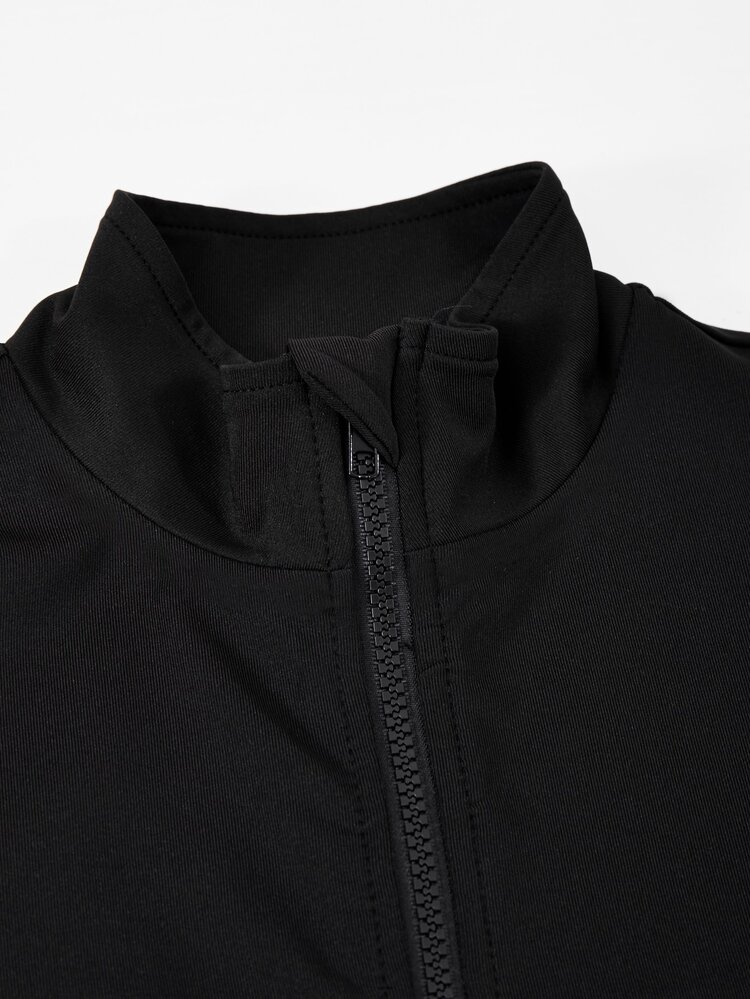 SHEIN Girls' Casual Athletic And Simple Style Black Fitted Zipper Jacket And Loose Fit Flared Pants Two Pieces Set Gym Autumn - Black - View 3