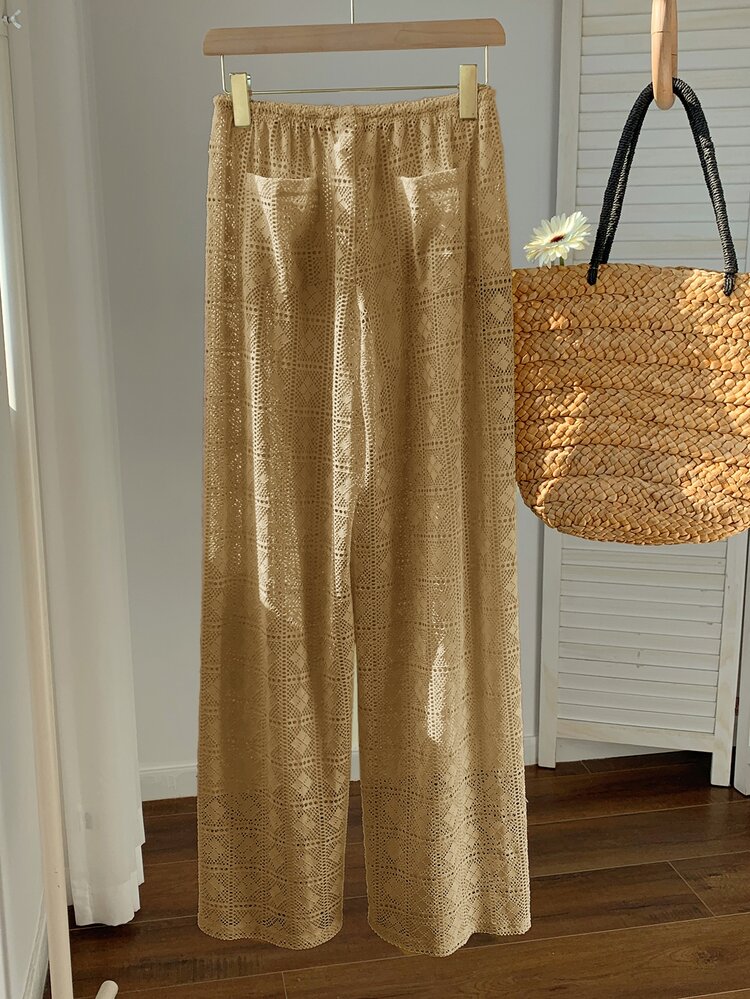 Comfortcana Women's Hollow Out Drawstring Waist Loose Wide Leg Pants, Suitable For Vacation & Beach, Brown - Brown - View 2