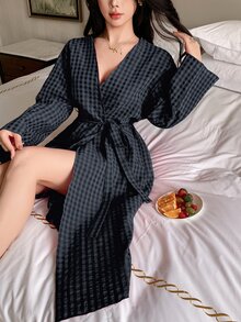 DAZY Plaid Asymmetric Front Loose Long Summer Women's Robe - Navy Blue - View 7