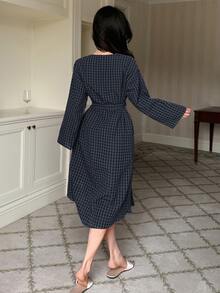 DAZY Plaid Asymmetric Front Loose Long Summer Women's Robe - Navy Blue - View 2