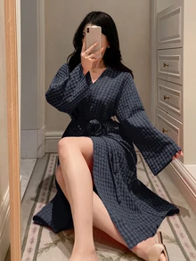 DAZY Plaid Asymmetric Front Loose Long Summer Women's Robe - Navy Blue - View 4