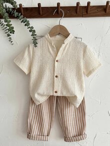 LMoss Kids 2pcs Young Boy Woven Solid Color Casual Shirt And Striped Pants Set - Multicolor - View 4