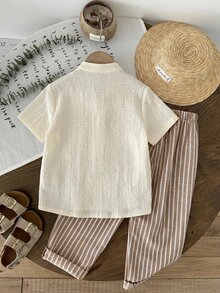 LMoss Kids 2pcs Young Boy Woven Solid Color Casual Shirt And Striped Pants Set - Multicolor - View 2