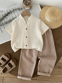 LMoss Kids 2pcs Young Boy Woven Solid Color Casual Shirt And Striped Pants Set - Multicolor - View 6