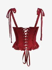 Glamine Charm 女款蕾絲荷葉邊下擺時尚性感細肩帶背心 - 酒紅色 - 查看 7