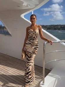 Firerie Women's Tropical Backless Beaded Bodycon Dress With Zebra Print Mesh, Suitable For Beach Vacation, Vacation, Date, Party Brown Zebra Print Summer - Multicolor - View 5