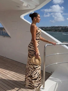 Firerie Women's Tropical Backless Beaded Bodycon Dress With Zebra Print Mesh, Suitable For Beach Vacation, Vacation, Date, Party Brown Zebra Print Summer - Multicolor - View 7