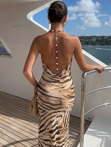 Firerie Women's Tropical Backless Beaded Bodycon Dress With Zebra Print Mesh, Suitable For Beach Vacation, Vacation, Date, Party Brown Zebra Print Summer - Multicolor - View 3