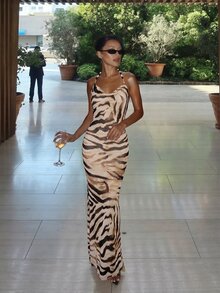 Firerie Women's Tropical Backless Beaded Bodycon Dress With Zebra Print Mesh, Suitable For Beach Vacation, Vacation, Date, Party Brown Zebra Print Summer - Multicolor - View 14