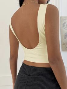 SHEIN EZwear Apricot Color Short Backless Cotton Padded Camisole, Spring/Summer Yellow - Apricot - View 2