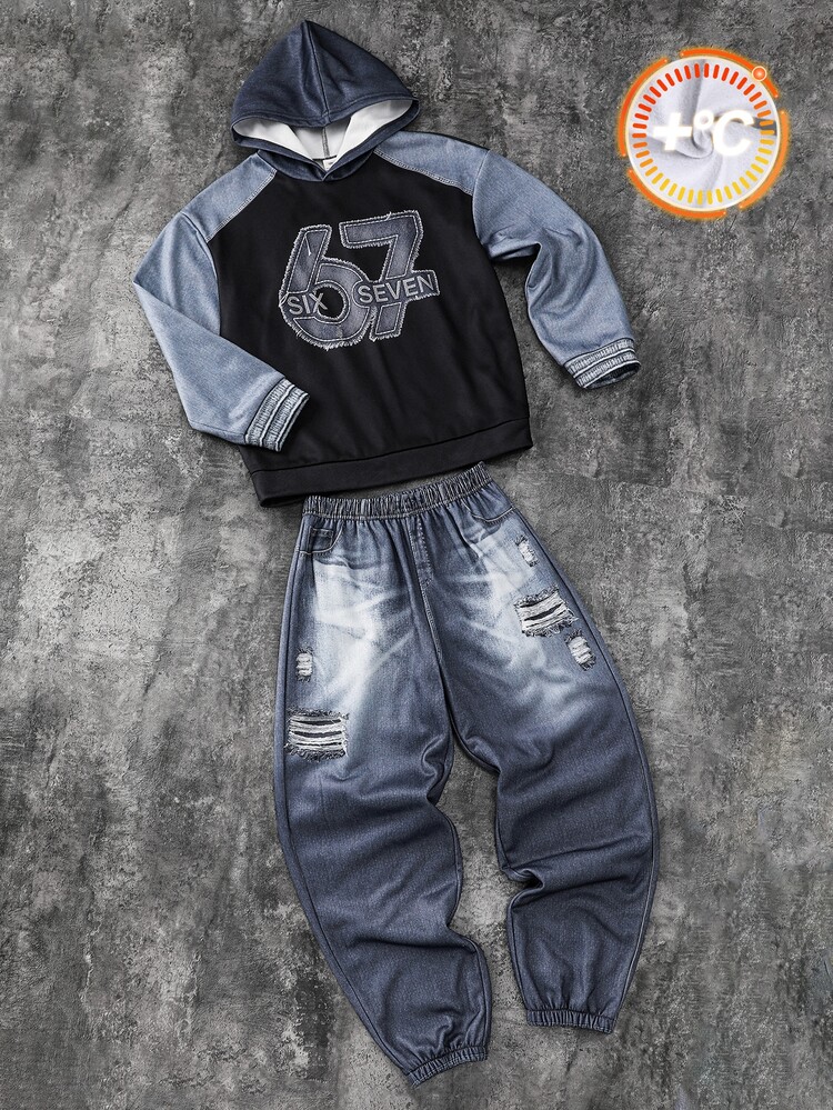 SHEIN Kids Tween Boy Casual Sports Street Style Graphic Pullover Hoodie & Sweatpants 2-Piece Set, Suitable For Commuting, School, Daily Casual, Sports, Outings, Streetwear, Autumn/Winter - Blue - View 5