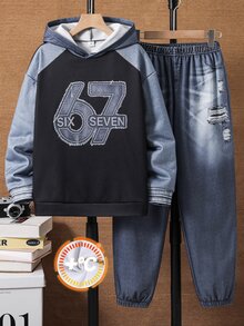 SHEIN 兒童青少年男孩休閒運動街頭風圖案連帽衛衣與運動長褲2件套，適合通勤、上學、日常休閒、運動、外出、街頭穿搭，秋冬款 - 藍色 - 查看 4