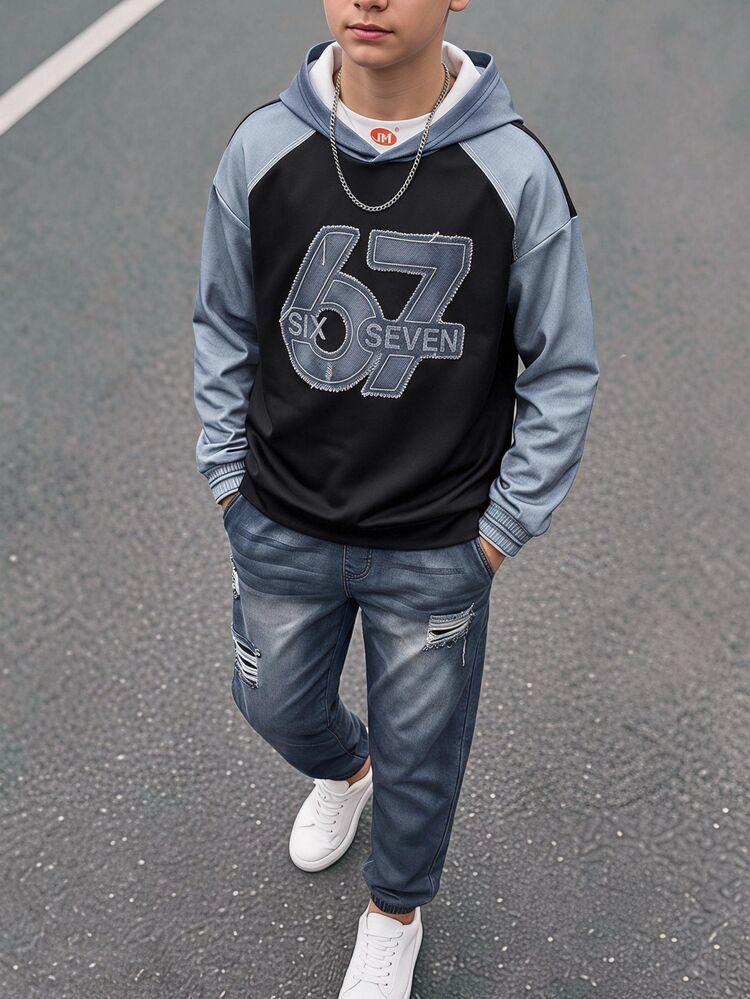 SHEIN Kids Tween Boy Casual Sports Street Style Graphic Pullover Hoodie & Sweatpants 2-Piece Set, Suitable For Commuting, School, Daily Casual, Sports, Outings, Streetwear, Autumn/Winter - Blue - View 1