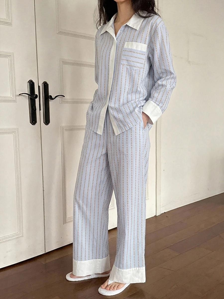 DAZY 2pcs/Set Women's Pajama Set, Colorblock Striped Fabric Shirt Style Cardigan Long Sleeve Top And Straight Leg Long Pants - Blue - View 1