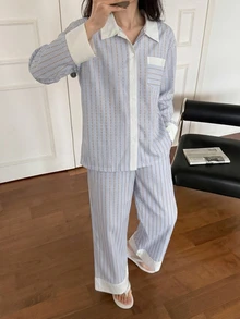 DAZY 2pcs/Set Women's Pajama Set, Colorblock Striped Fabric Shirt Style Cardigan Long Sleeve Top And Straight Leg Long Pants - Blue - View 6