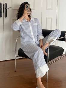 DAZY 2pcs/Set Women's Pajama Set, Colorblock Striped Fabric Shirt Style Cardigan Long Sleeve Top And Straight Leg Long Pants - Blue - View 4