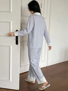 DAZY 2pcs/Set Women's Pajama Set, Colorblock Striped Fabric Shirt Style Cardigan Long Sleeve Top And Straight Leg Long Pants - Blue - View 2