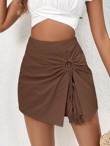 SHEIN Frenchy Tassel Decor Ring Linked Bow Tie Wrap Mini Asymmetrical Hem Skort - Coffee Brown - View 4