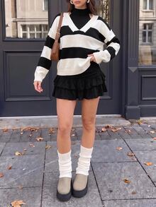 valorelle valorelle Striped Halter Neck Hollow Knit Long Sleeve Pullover Sweater,Long Sleeve Tops, Knit Pullover Fall Winter - Black and White - View 3