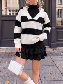 valorelle valorelle Striped Halter Neck Hollow Knit Long Sleeve Pullover Sweater,Long Sleeve Tops, Knit Pullover Fall Winter - Black and White - View 1