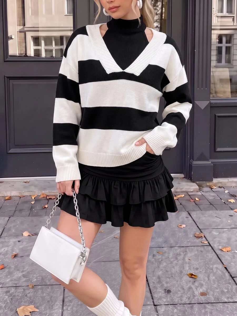 valorelle valorelle Striped Halter Neck Hollow Knit Long Sleeve Pullover Sweater,Long Sleeve Tops, Knit Pullover Fall Winter - Black and White - View 1
