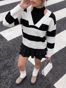 valorelle valorelle Striped Halter Neck Hollow Knit Long Sleeve Pullover Sweater,Long Sleeve Tops, Knit Pullover Fall Winter - Black and White - View 5