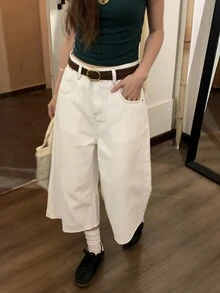 DAZY 女款字母印花口袋寬鬆休閒寬腿牛仔褲可愛上衣 - 白色 - 查看 4