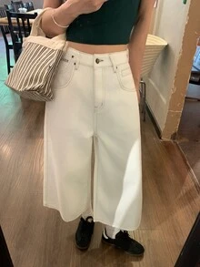 DAZY 女款字母印花口袋寬鬆休閒寬腿牛仔褲可愛上衣 - 白色 - 查看 8