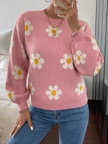 valorelle valorelle Floral Pattern Drop Shoulder Sweater Knit Pullover Fall Winter - Baby Pink - View 5