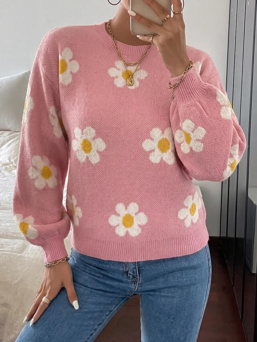 valorelle valorelle Floral Pattern Drop Shoulder Sweater Knit Pullover Fall Winter - Baby Pink - View 1
